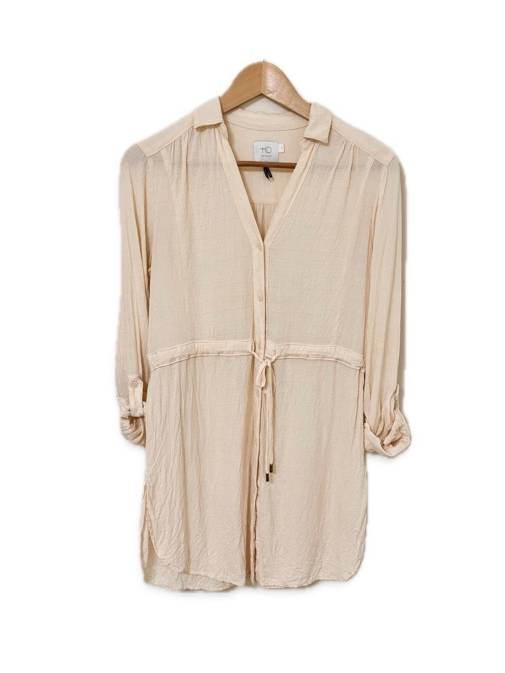 HD in Paris XS Button-Up Tunic Blouse Tie Waist Anthropologie Cream Beige